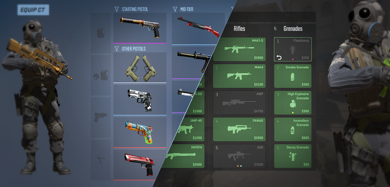 CS2 features a new buy menu. The CS:GO buy wheel is gone